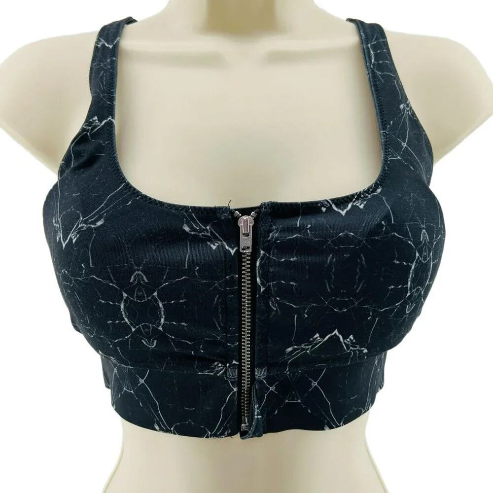 Lynx Black White Marble Zip Front Crossback Sports Bra Womens Small